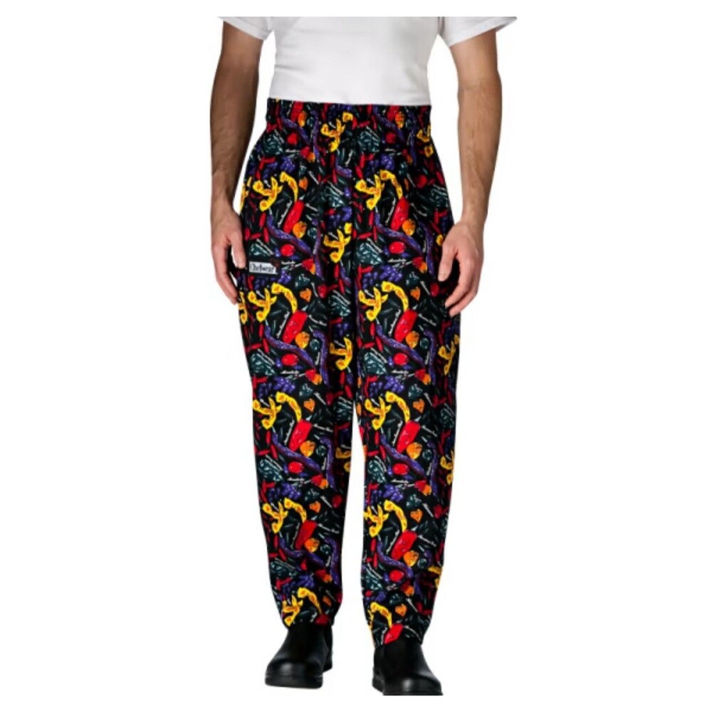 Vintage Chefwear Unisex Elastic Waist Chef Pants Colorful Chili Pepper Print XL